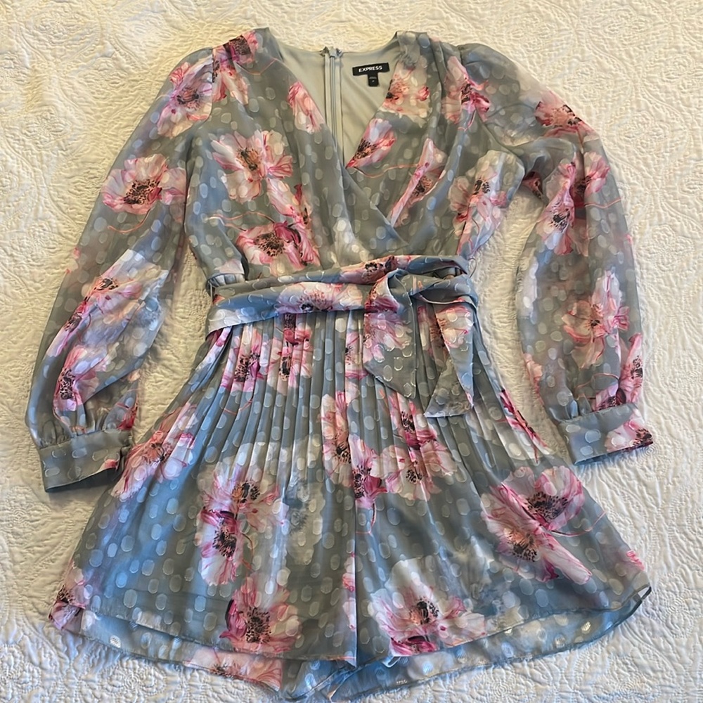 Express Women's Floral Pleated Romper in Light Blue with Pink Flowers